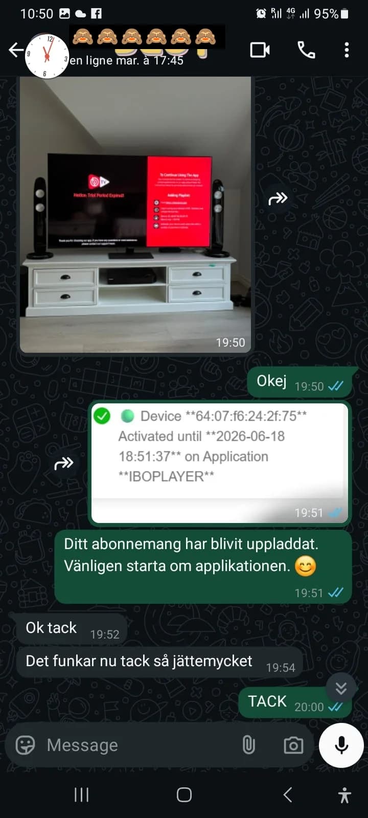 WhatsApp-konversation: IPTV Nordic Ultra aktiverar kundens IBOPLAYER-enhet – enhet bekräftad aktiv till 2026-06-18
