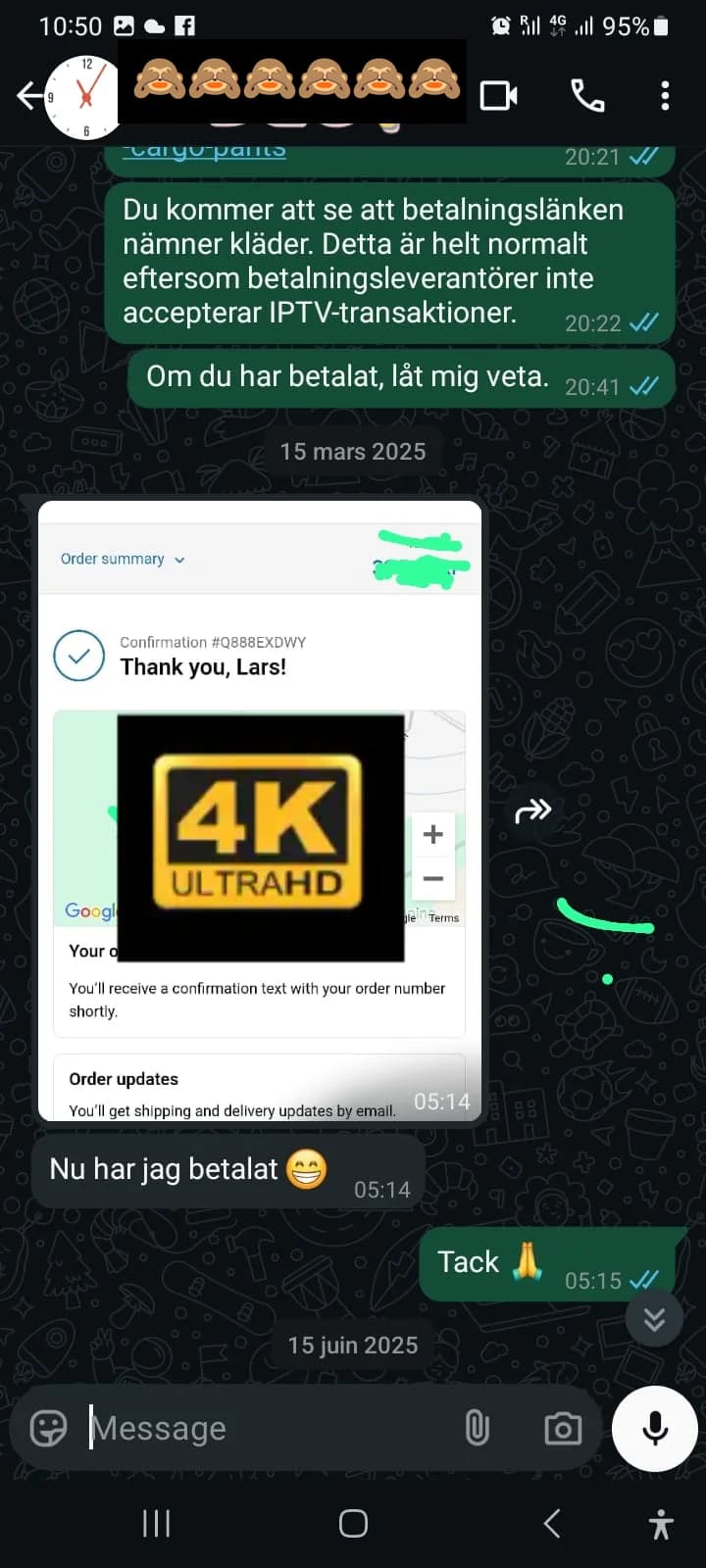 WhatsApp-konversation: Kund Lars får orderbekräftelse och IPTV aktiveras med 4K Ultra HD