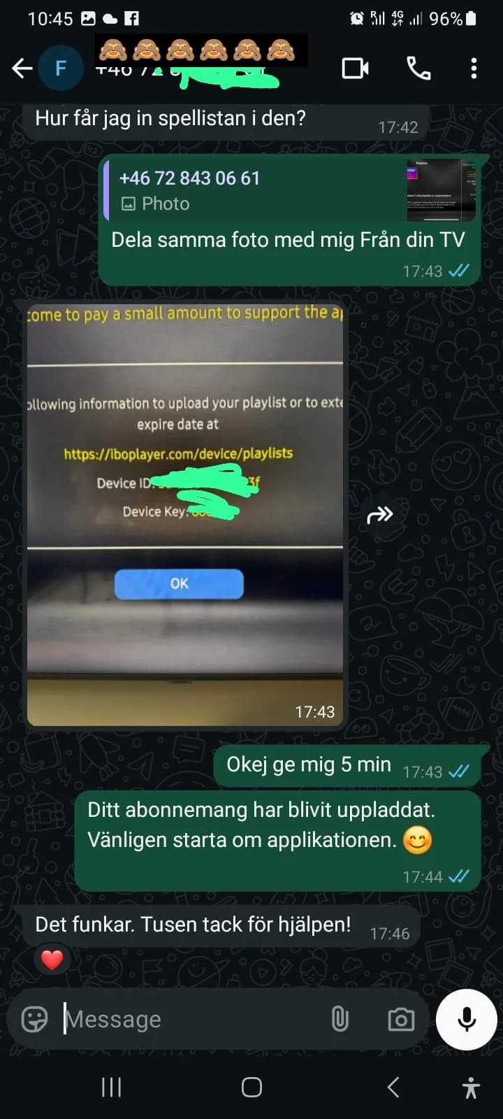 WhatsApp-konversation: Svensk IPTV-kund bekräftar att abonnemanget fungerar – "Det funkar. Tusen tack för hjälpen!"